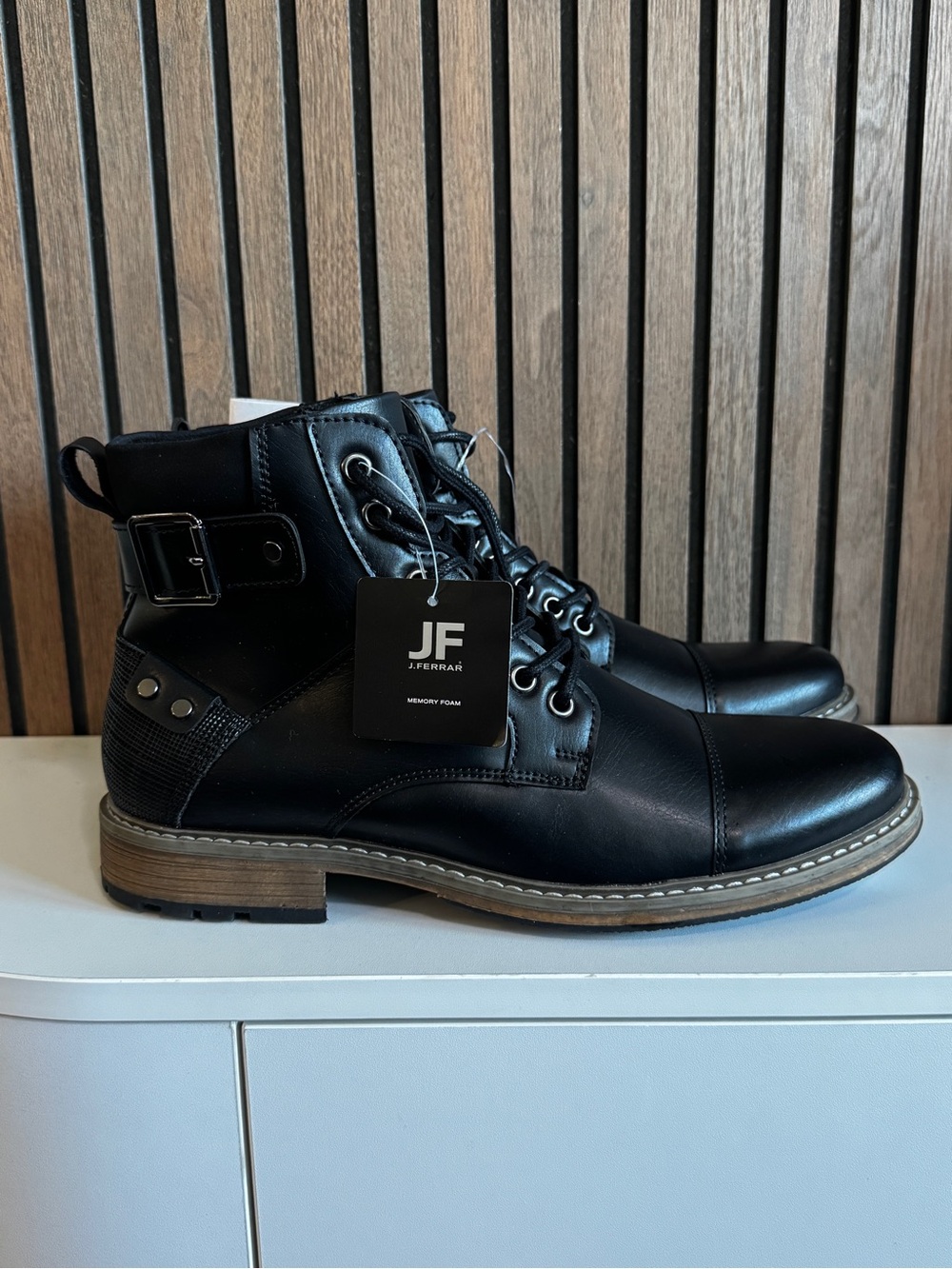 J.Ferrar Men's Black Combat Ankle Boots Cap Toe Lace Up Faux Leather US 8